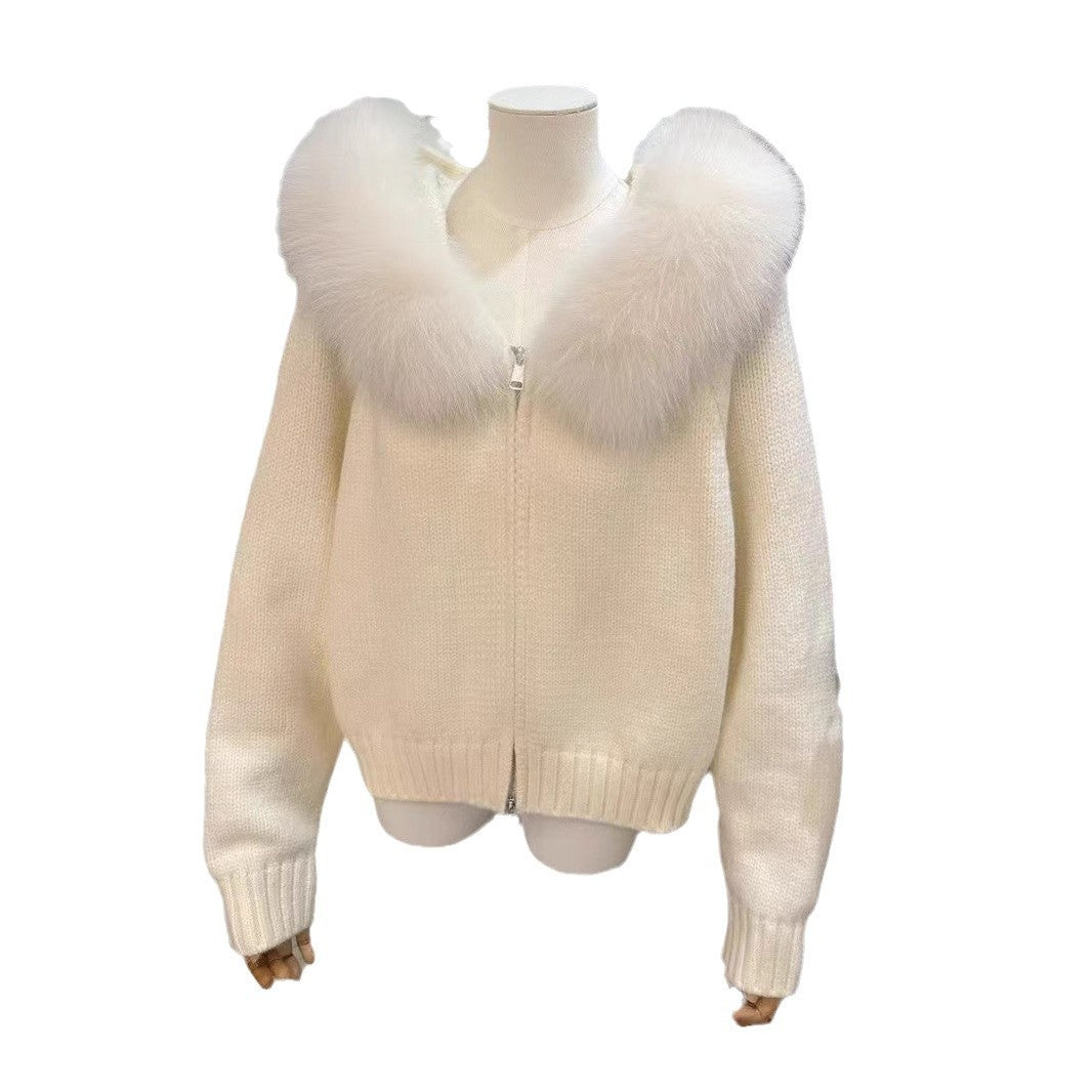 Cardigan à col en fourrure tricoté à capuche pour femme - Molinse