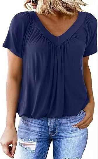 Women's Solid Color And V-neck Short-sleeved T-shirt