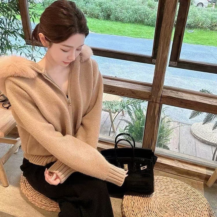 Cardigan à col en fourrure tricoté à capuche pour femme - Molinse