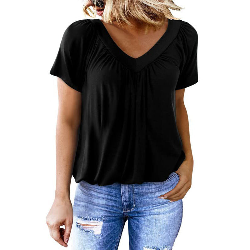 Women's Solid Color And V-neck Short-sleeved T-shirt