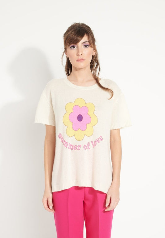 T-shirt col rond cachemire blanc écru/imprimé fleurs multicouleur femme - AVA 9-0