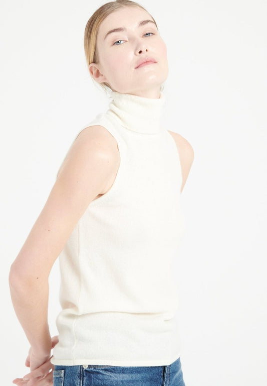 Pull col roulé sans manches cachemire écru femme - LILLY 13-0