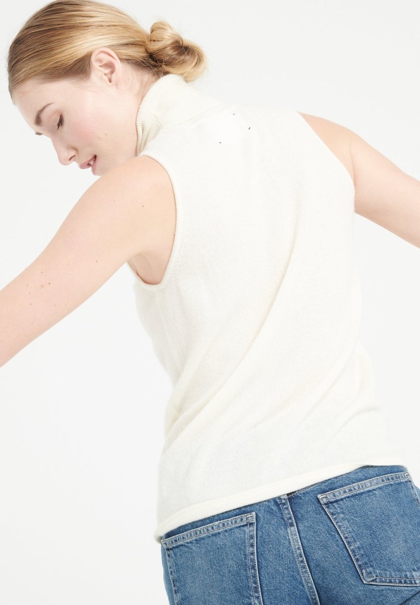 Pull col roulé sans manches cachemire écru femme - LILLY 13-3