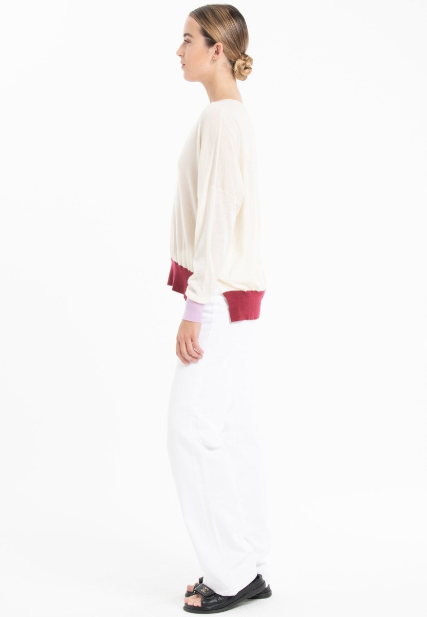 Pull col V oversize ultrafin cachemire et laine blanc/lavande/rouge femme - KELLY 10