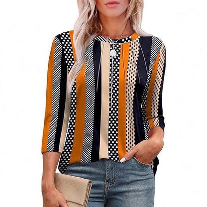 Top imprimé à col rond plissé, style décontracté.