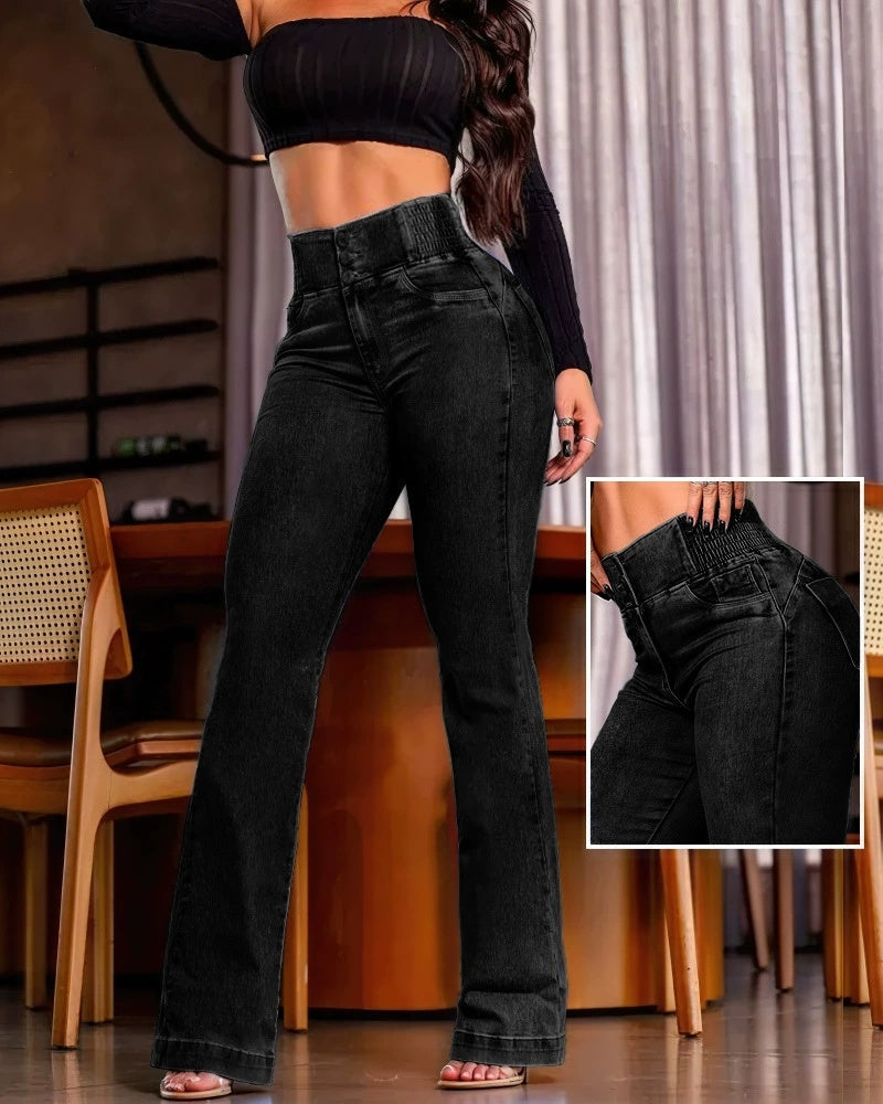 Jean extensible à taille haute avec ceinture élastique et boutons - Molinse