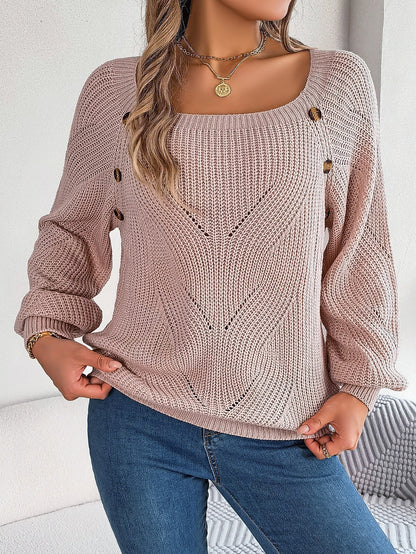 Pull à manches lanternes ajourées, couleur unie avec boutons.