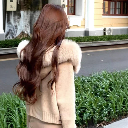 Cardigan à col en fourrure tricoté à capuche pour femme - Molinse