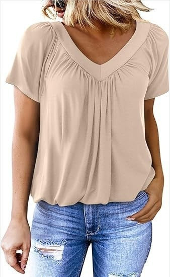 Women's Solid Color And V-neck Short-sleeved T-shirt