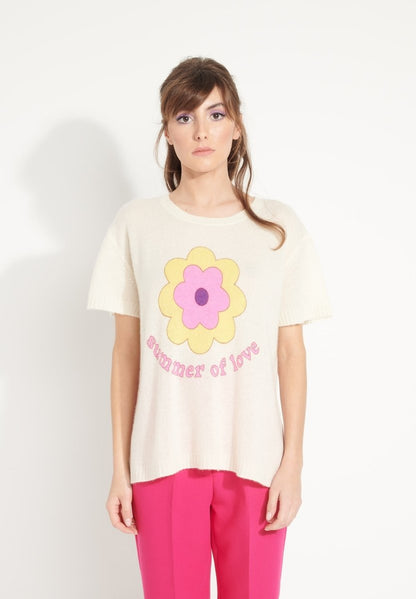 T-shirt col rond cachemire blanc écru/imprimé fleurs multicouleur femme - AVA 9-0