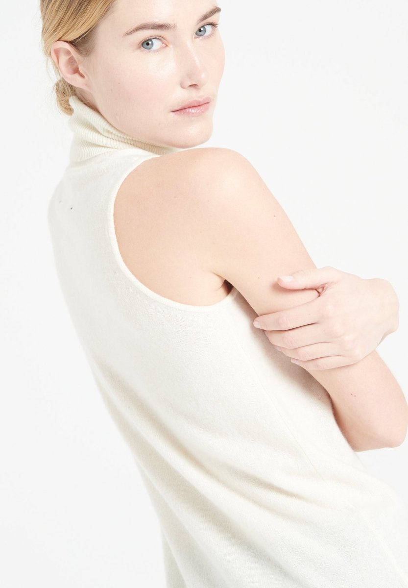 Pull col roulé sans manches cachemire écru femme - LILLY 13-2