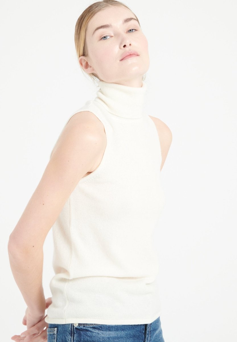 Pull col roulé sans manches cachemire écru femme - LILLY 13-0