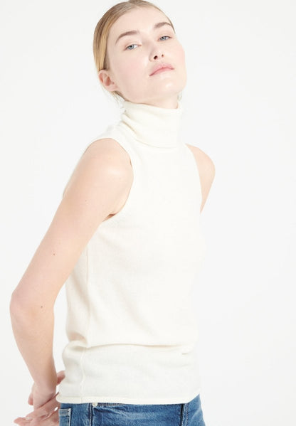 Pull col roulé sans manches cachemire écru femme - LILLY 13-0