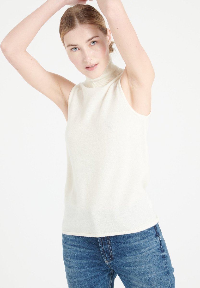 Pull col roulé sans manches cachemire écru femme - LILLY 13-4