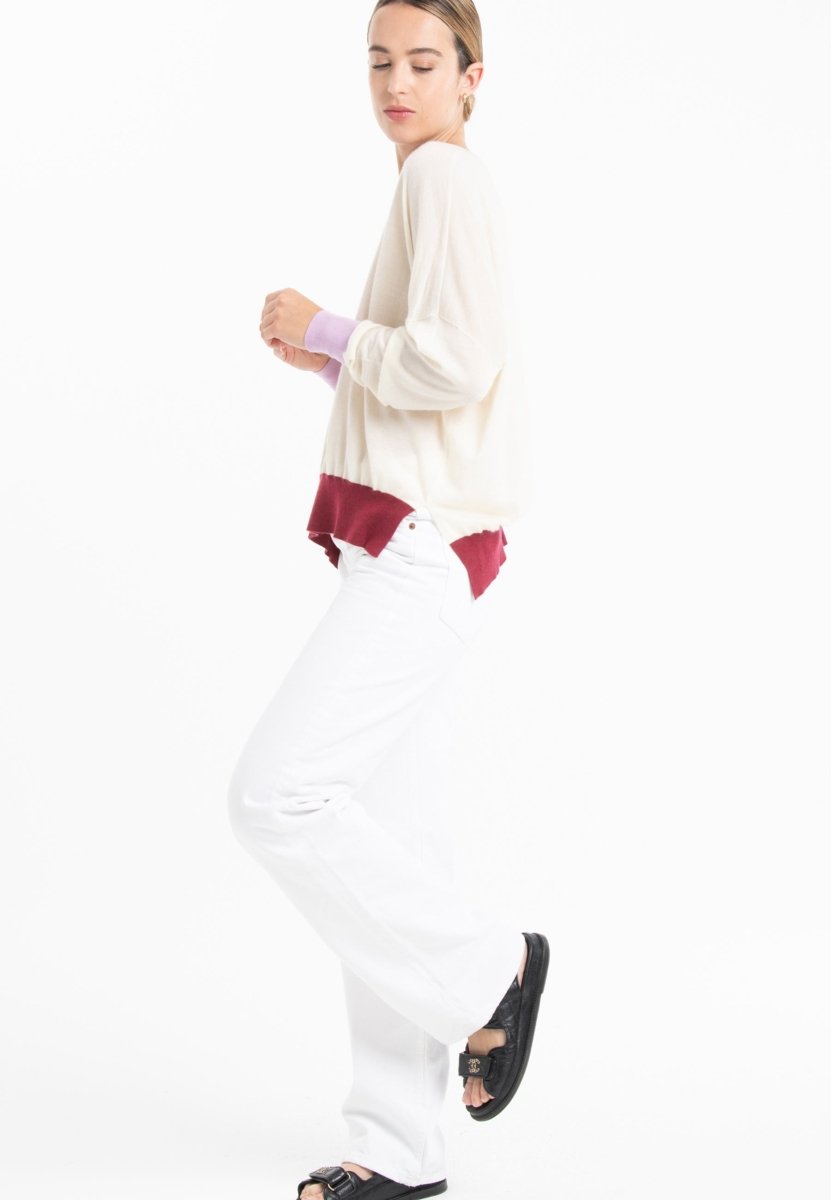 Pull col V oversize ultrafin cachemire et laine blanc/lavande/rouge femme - KELLY 10