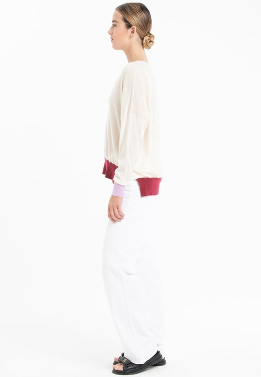 Pull col V oversize ultrafin cachemire et laine blanc/lavande/rouge femme - KELLY 10