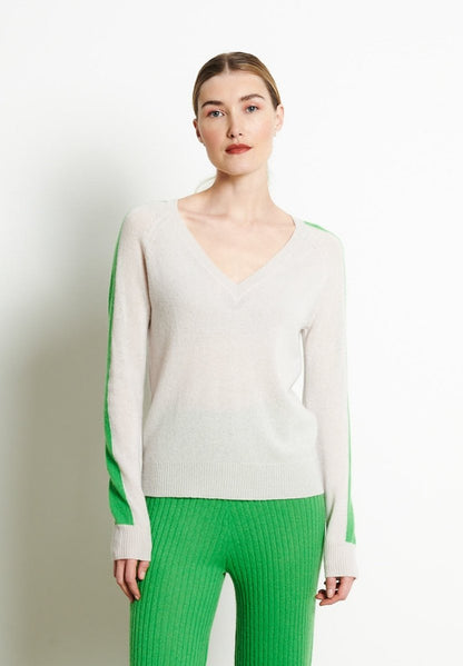 Pull col V cachemire gris perle/vert pomme femme - RIA 1-0
