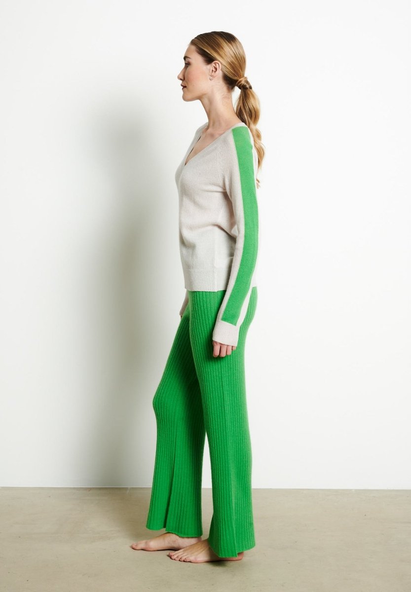 Pull col V cachemire gris perle/vert pomme femme - RIA 1-1