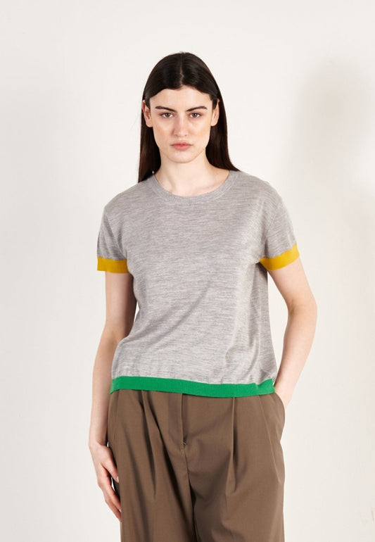 T-shirt col rond tricolore ultrafin cachemire et laine gris/jaune/vert femme - KELLY 8